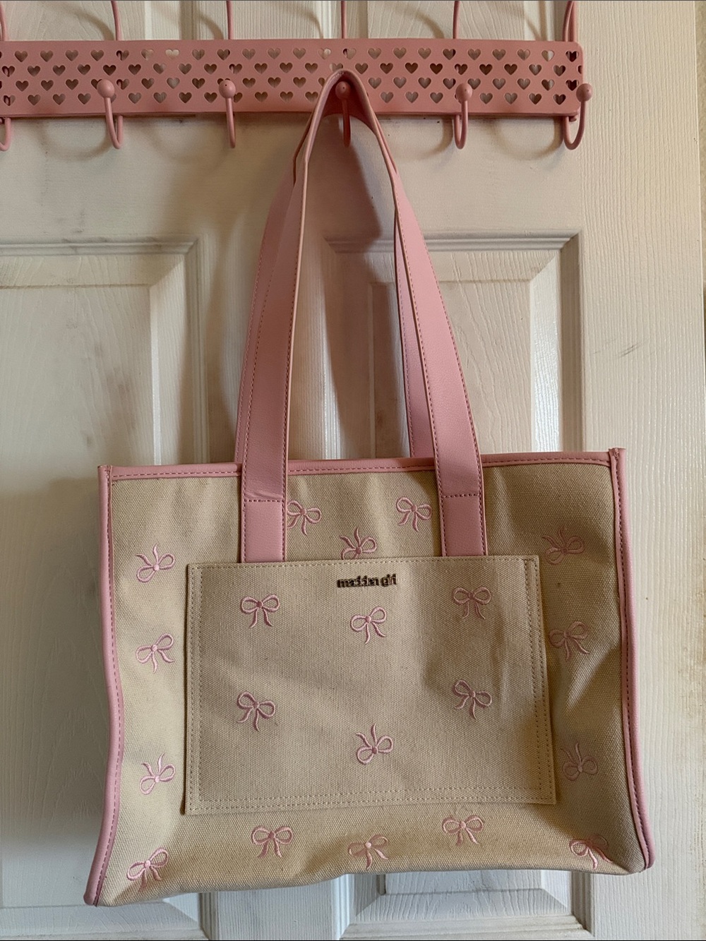 Madden Girl Cream Canvas Tote with Pink Trim and Bow Embroidery